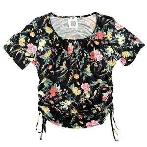 Blue Leopard Ruched Fitted Floral Blouse in Black, Size 3X​​​